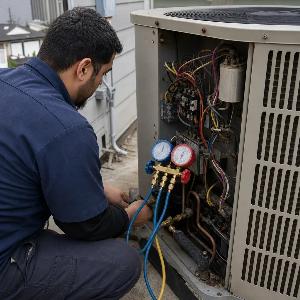HVAC technician performing air conditioning repair and maintenance service