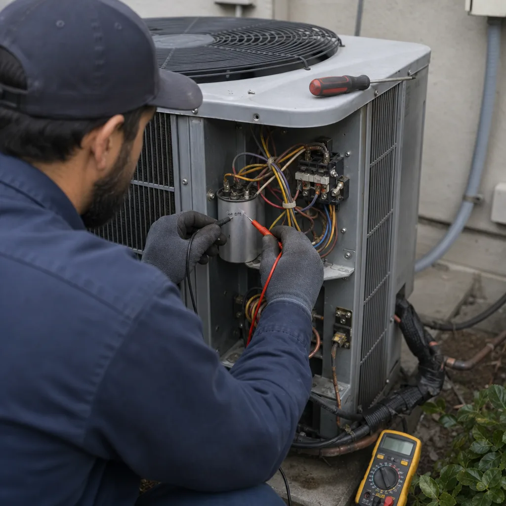 HVAC technician testing an air conditioner capacitor with a multimeter