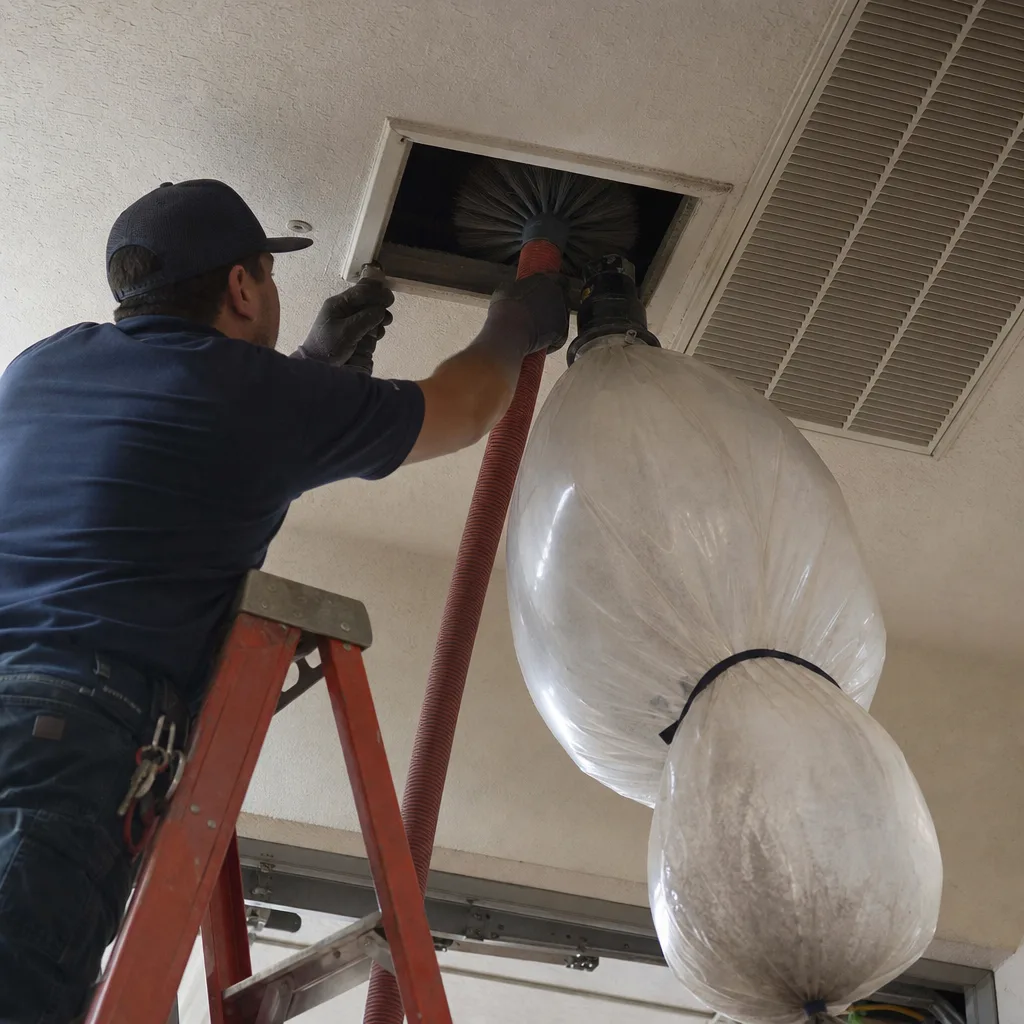 HVAC technician cleaning ventilation system with professional air duct equipment