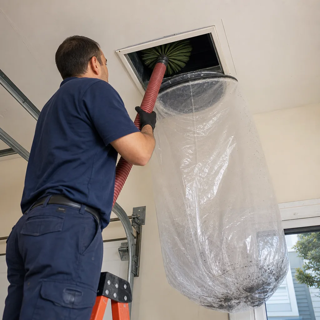 Technician using professional equipment for air duct cleaning and ventilation maintenance