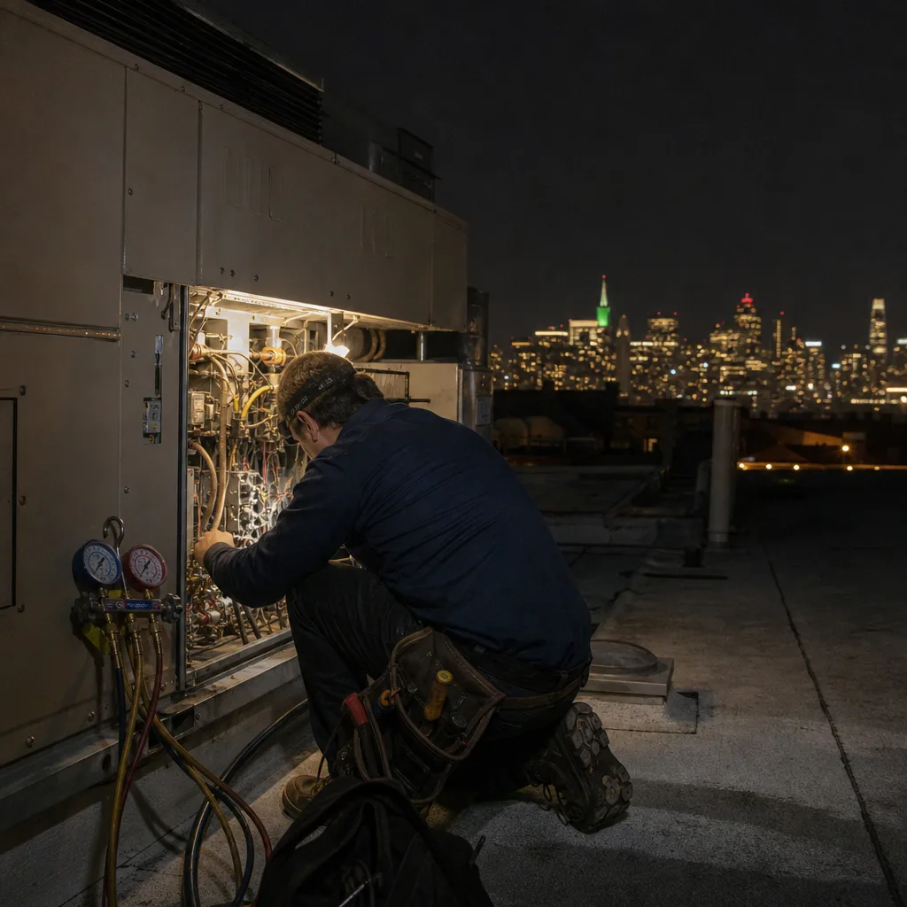 HVAC technician repairing commercial rooftop unit at night