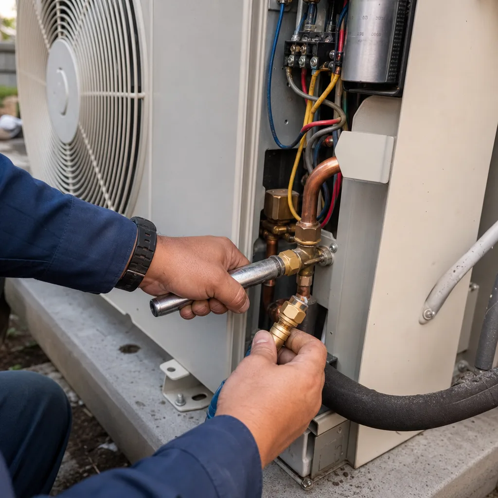 HVAC technician performing maintenance on an outdoor heat pump condenser unit