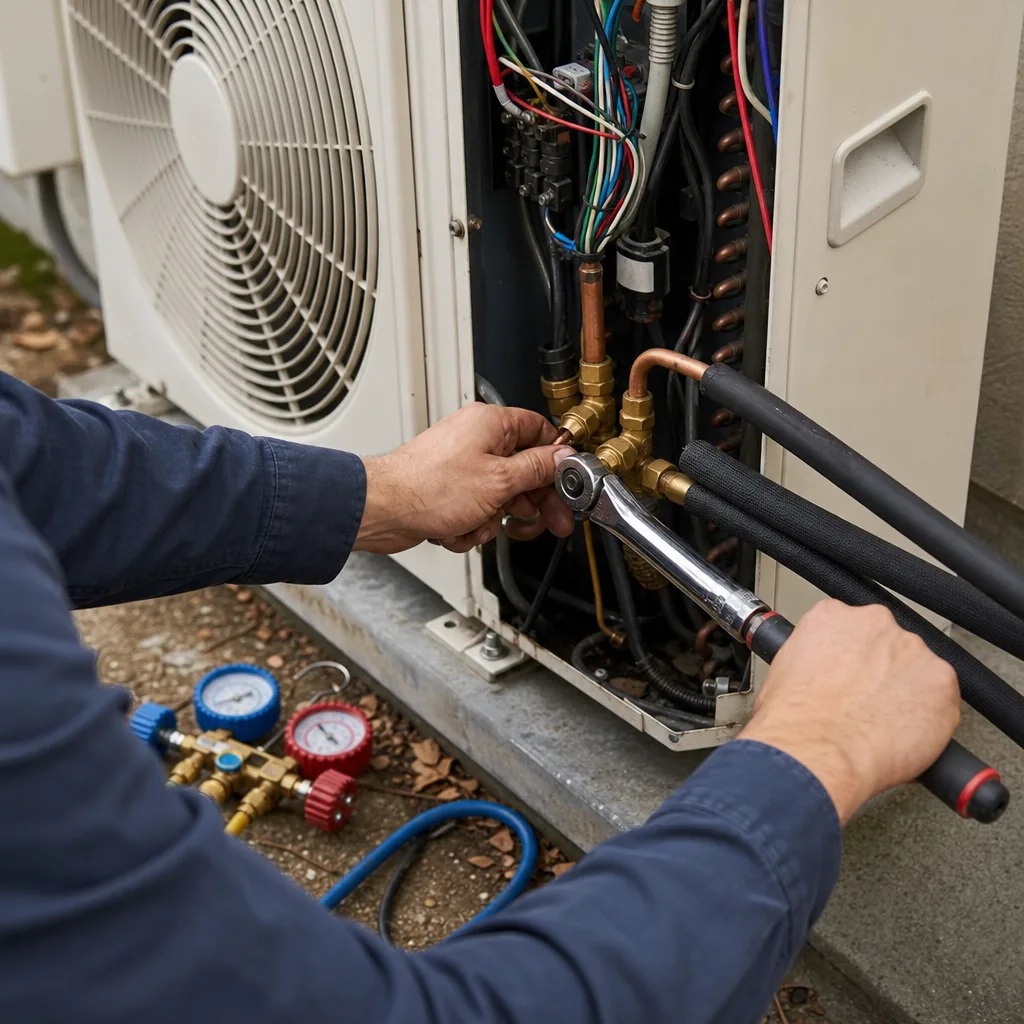 HVAC technician performing maintenance on an outdoor heat pump system
