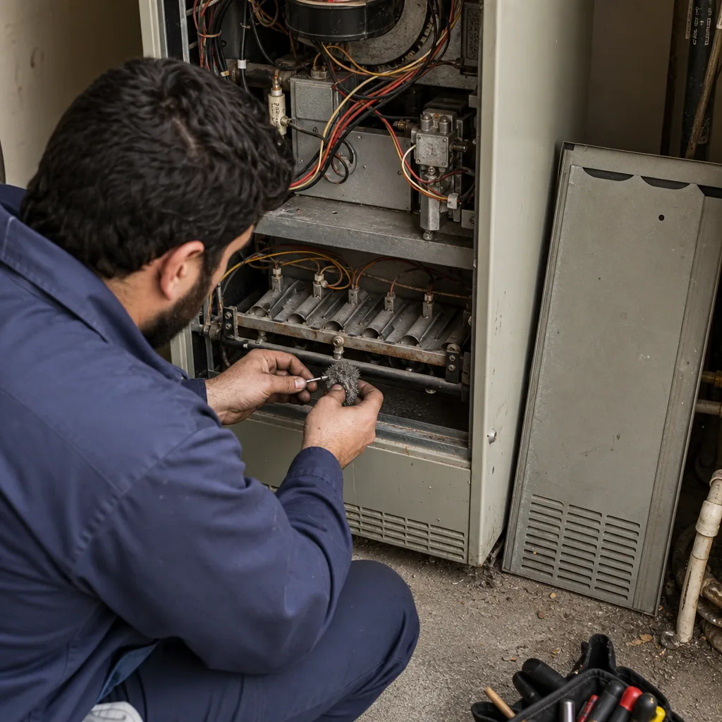 HVAC technician performing furnace heating system repair and maintenance