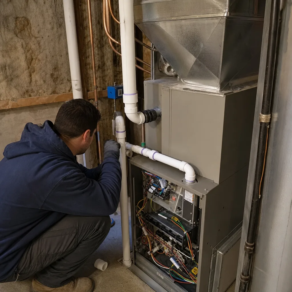 HVAC technician performing professional furnace maintenance and repair